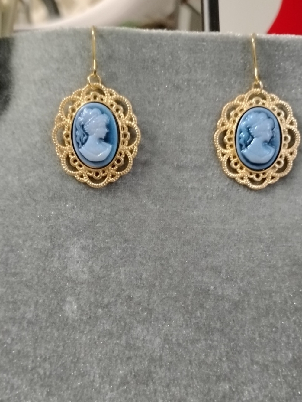 Hand Crafted Gold Filigree Blue Cameo Drop Earrings